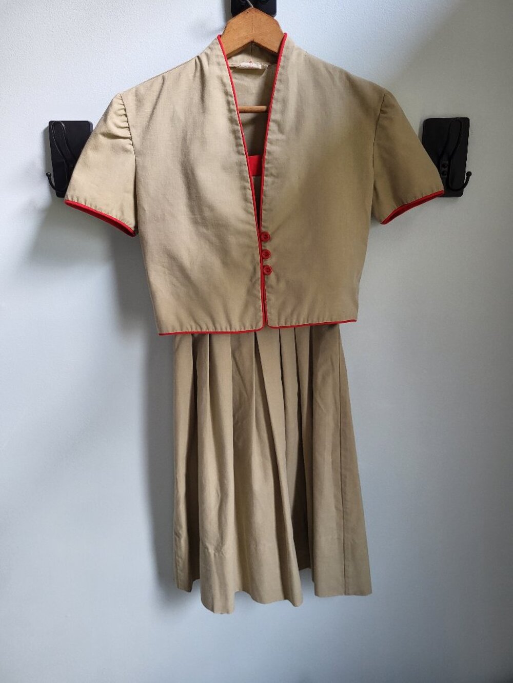 Vintage 2 Piece Khaki Dress with Red Piping – Women’s Size XS